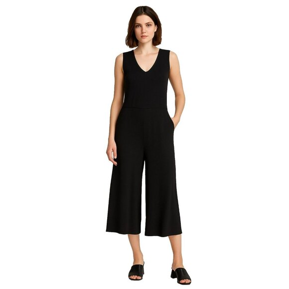 Eileen Fisher L Black Wide Leg Sleeveless Jumpsuit V-Neck Minimalist USA Made EU - Picture 1 of 6